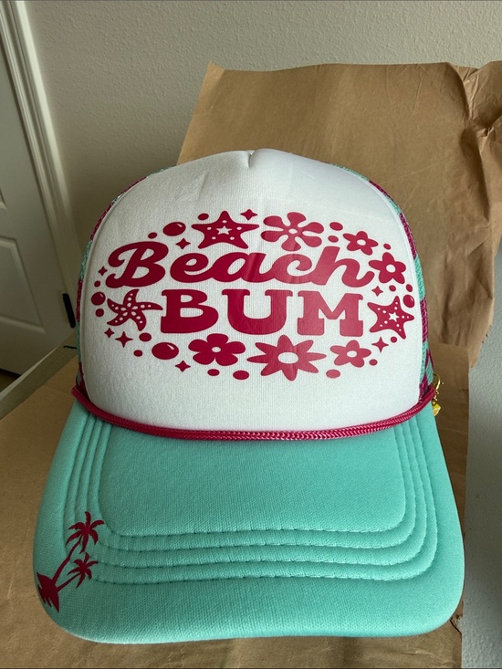 Accessories - Beach Bum Trucker Hat - White & Aqua with Pink Print